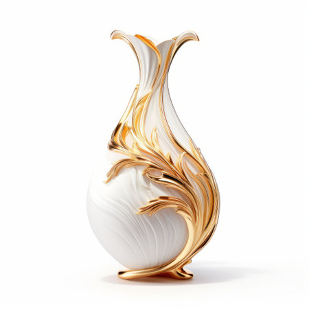 a gold glazed vase, with elaborate details and organic flowing forms, is placed on a white surface. this artgerm-inspired, rococo frivolity style vase is captured in a high-definition image, showcasing its realistic yet stylized design. the soft focal points enhance the beauty of this exquisite piece, reminiscent of the works of serge marshennikov. ai generatedの素材