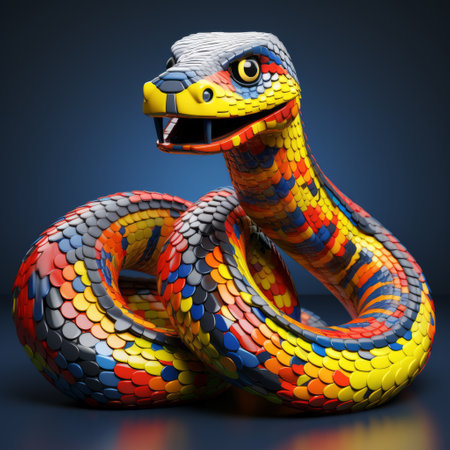 a colorful plastic snake is showcased in a dark space, featuring a highly realistic and detailed rendering. the snake is designed in a vibrant caricature style, reminiscent of traditional mexican art with its zigzag patterns. this unique piece captures the essence of the konica big mini aesthetic, combining modern and traditional elements in a sculpted form. ai generatedの素材
