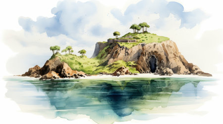 a watercolor graphic of an island with trees, showcasing a realistic landscape with soft edges. this architectural illustrator and sea/coast painter captures the beauty of california plein air scenes. the image features fantastical ruins and is available in high resolution, providing a stunning and detailed view. ai generatedの素材
