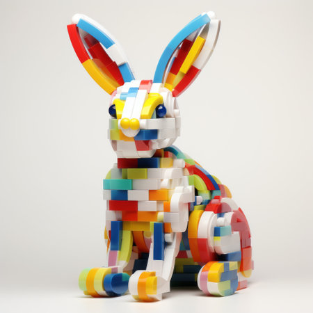 a lego toy bunny, crafted from vibrant blocks, showcases a hyper-detailed rendering style. with bold colors, dynamic lines, and surrealistic elements, this porcelain-like creation embodies the fusion of realism and artistic imagination. captured with a 20-megapixel camera, this bauhaus-inspired design can be found on flickr. ai generatedの素材