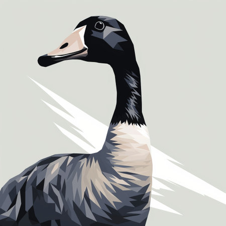 a low polygon style illustration of a geese with white streaks, resembling a realistic portrait painter's dark humor graphic prints. this contemporary canadian art piece showcases hyper-realistic animal illustrations, skillfully capturing the play of light and shadow. the flat illustration technique adds a unique touch to this captivating artwork. ai generatedの素材