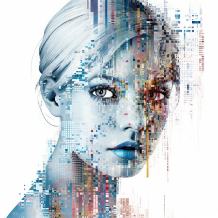 the photo showcases a captivating ethereal portraiture style, with a face created using pixels and blocks. it combines elements of data visualization and digital print, resulting in a hyper-realistic, eye-catching composition. the image is a chic illustration with a uhd resolution, highlighting the intricate details of the water depicted. ai generatedの素材