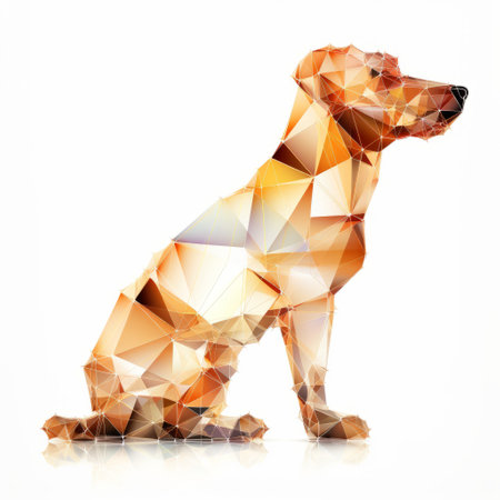 a monochrome orange dog stands out against a white background, showcasing translucent geometries in bronze and amber. the fragmented advertising style adds a unique touch to the digitally enhanced image by anton fadeev. the use of light navy and light amber hues, along with focus stacking, creates a captivating visual composition. ai generatedの素材