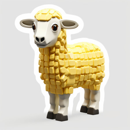 a photo of a 1/6 scale lego sheep from the ninjago series. this lego animal is designed with geometric shapes and patterns, giving it a unique and eye-catching appearance. the sheep is in light yellow and yellow colors, with minimal retouching done. the photo also features text and emoji installations, creating a playful and artistic vibe. the bold texture and stencil-based design add to theの素材