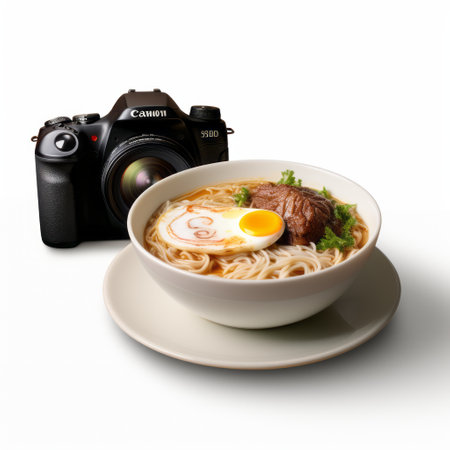 a high-definition photograph clipart vector image featuring a hyper-realistic small piece cut out, placed next to a large ramen bowl. the image showcases intricate details captured with a 35mm lens, providing an ultra hd and 8k resolution. the plain white background enhances the focus on the subject. ai generatedの素材