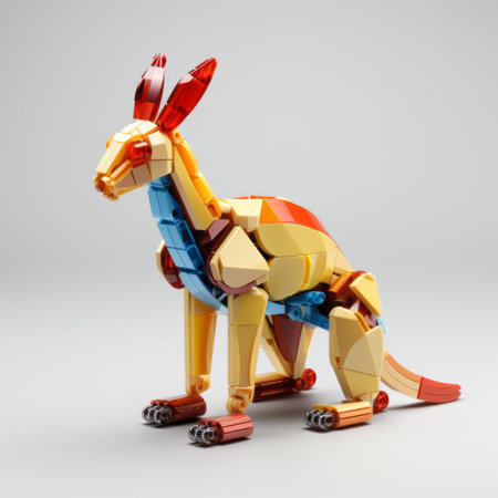 an orange lego kangaroo is showcased on a gray background, featuring highly detailed figures in a colorful fantasy style. the kangaroo is adorned with light yellow and light indigo accents, designed by fenghua zhong. its precise detailing and streamlined design are complemented by the use of light yellow and maroon colors. ai generatedの素材