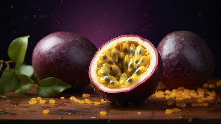 a cut up passion fruit, drizzled with golden honey, is showcased in this digitally manipulated image. the realistic still life composition features dramatic lighting, combining dark beige and magenta tones. the dotted, nature-inspired imagery is rendered using unreal engine, creating an advertisement-inspired visual. ai generatedの素材