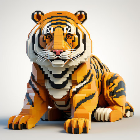 the lego tiger 3d model, part 2, is a stunning depiction of animals in the hyper-realistic style of petros afshar. this uhd image, with a resolution of 20 megapixels, showcases the technological symmetry and attention to detail reminiscent of the works of serge marshennikov. ai generatedの素材
