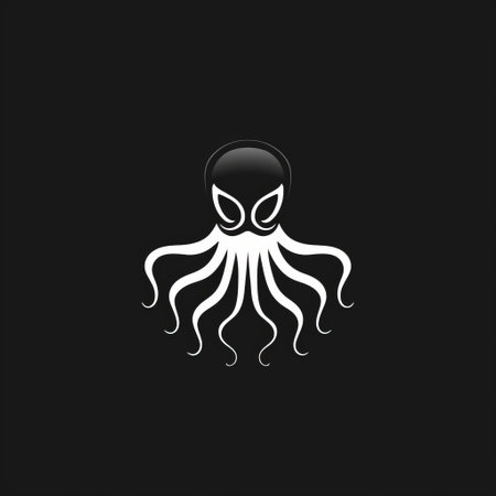 a white logo with a simplistic vector art style, featuring an octopus on a black background. this logo, inspired by the detailed science fiction illustrations of oliver wetter, showcases a unique blend of dark and white elements. captured with a fish-eye lens, this high-definition image is available on flickr. ai generatedの素材