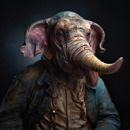 a man wearing an elephant mask stands against a dark background, showcasing a realistic fantasy artwork style. the whimsical character design draws inspiration from artists such as jean-baptiste monge, sacha goldberger, and john tenniel. the detailed character expressions and intricate rendering in maya bring this unique creation to life. ai generatedの素材