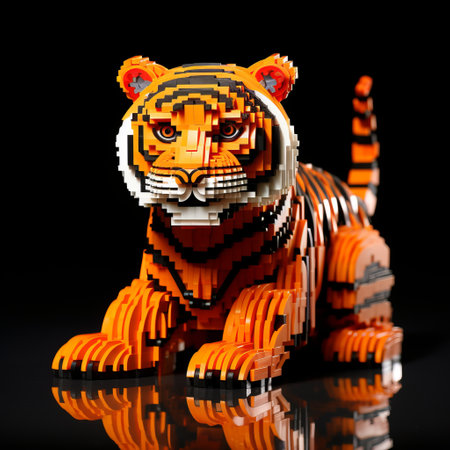 a lego tiger build showcasing classical proportions and inspired by the art of burma. this digitally manipulated image features a low depth of field, highlighting the intricate details of the lego creation. made of smooth and shiny rubber, the tiger exudes a lifelike appearance. the use of ray tracing enhances the realism of this captivating lego masterpiece. ai generatedの素材