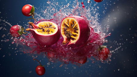 a red fruit is captured mid-splash as it collides with a vibrant blue surface, creating a mesmerizing blue reflection. this artwork, inspired by the style of mike campau, showcases realistic and hyper-detailed renderings. the explosive wildlife depicted, reminiscent of posuka demizu's work, adds a dynamic element to the innovative page design. this ultra-high-definition image, with its tintoretto-like quality, is a visual feast for the eyes.の素材