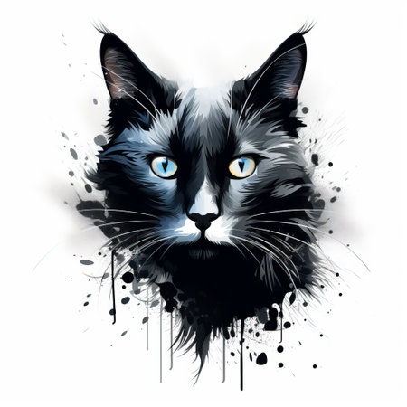 a black cat is depicted in this vector illustration, standing alone on a white canvas. the abstract concept painting showcases the cat in a dark silver and blue style, resembling spray painted realism. the layered portraits, watercolor technique, and gothic illustration elements make this artwork a contest winner. ai generatedの素材
