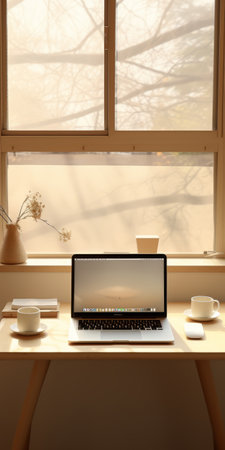 a computer on a canvas table next to a window, in the style of minimalistic japanese. the black and beige color scheme creates a minimalist still life with a whimsical ambiance. the sparse and simple arrangement exudes a subtle, whimsical folk-inspired vibe. this photograph, captured by an interior design photographer using a canon eos r5, showcases a lot of detail in the objects. the filmの素材