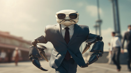 a stylish crab struts confidently in a black and white suit, complete with a tie, sunglasses, and polished shoes. this photorealistic image captures the crab in a walking position, exuding a unique blend of cuteness and boss-like demeanor. the depth of field, cinematic lighting, and ultra hd resolution enhance the visual impact, making it a stunning 32k photograph. ai generatedの素材