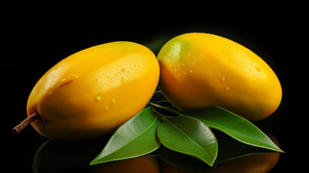 two vibrant mangos, adorned with lush green leaves, stand out against a striking black background. this captivating photo, created in the style of massurrealism using zbrush, showcases the frequent use of yellow tones and features delicate water droplets. the highly polished surfaces of the mangos add to the overall beauty of this artwork, reminiscent of the works of giotto. ai generatedの素材