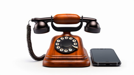 an iphone and a rotary telephone are showcased on a white surface, featuring a realistic hyper-detailed rendering. this vintage modernism-inspired image captures the essence of the dark brown wood design. with a touch of nostalgia, this uhd image from the 5001000 ce era is perfect for websites seeking a unique visual appeal. ai generatedの素材