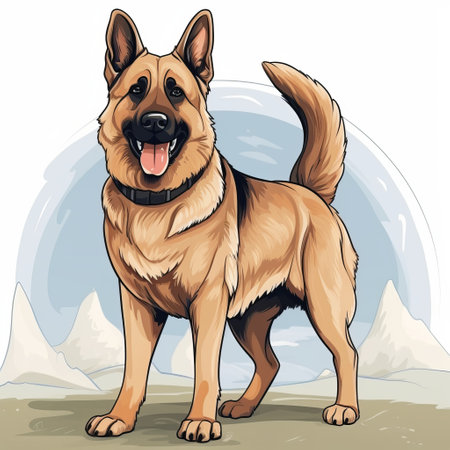 german shepherd puppy sitting on a mountain backdrop. this colorful caricature-style illustration showcases hyper-detailed features of the puppy. the artwork resembles wimmelbilder with light navy and light brown tones. the mural is large-scale, rounded, and beautifully depicts the puppy in light yellow and light brown shades. ai generatedの素材