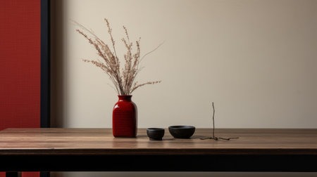 a minimalistic japanese-style door on a hemp table is captured next to a window in this photograph. the black and red color scheme creates a whimsical ambiance, while the sparse and simple composition adds a subtle charm. the image, taken by an interior design photographer using a canon eos r5, showcases a lot of detail in the objects. with a touch of film grain andの素材