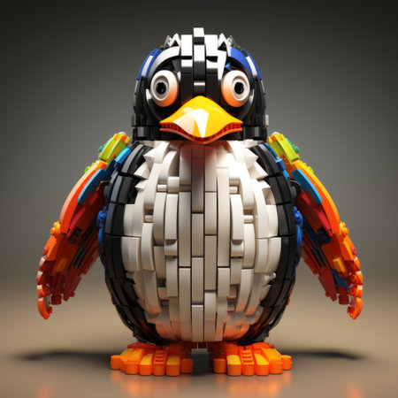 a lego penguin is showcased on a table in this image, featuring a realistic hyper-detailed rendering. the colorful layered forms and detailed texture add depth to the multilayered dimensions. the use of ue5 technology enhances the overall visual experience. the penguin's bulbous shape and technological symmetry make it an eye-catching subject. ai generatedの素材