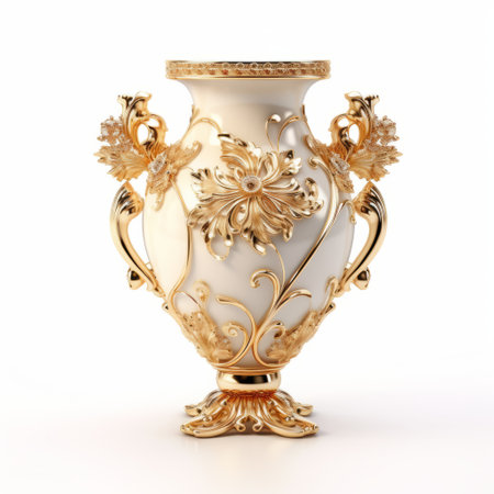 a gold vase with a floral pattern, crafted in the style of daz3d, stands elegantly on a white background. this intricately designed piece showcases revived historic art forms and exhibits a sharp attention to detail. as a contest winner, this beautifully crafted vase exudes wealth and luxury, with its ivory accents adding to its overall allure. ai generatedの素材