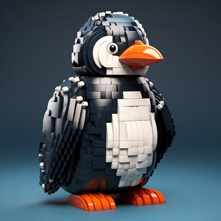 a penguin made out of lego bricks is depicted in this photo. the lego penguin is created in a realistic and detailed style, using dark navy and light gray colors. the penguin has mechanized forms and is both cute and colorful. the artist has paid close attention to realistic details, incorporating modular patterns and utilizing a heavy impasto technique. ai generatedの素材