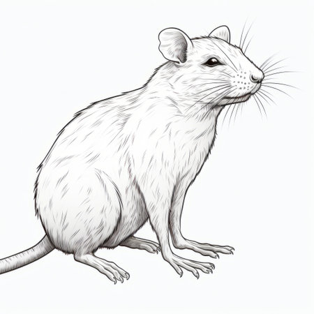 a black and white drawing of a rat, done in a detailed scientific style. the drawing is free and features contoured shading, pensive poses, clean and sharp inking. the color palette consists of dark white and light orange. this illustration is perfect for editorial illustrations and scientific subjects. ai generatedの素材