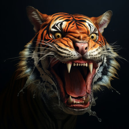 a tiger's mouth, wide open, dominates the frame against a black background. this captivating image, reminiscent of mike campau's style, showcases hyper-realistic water and twisted characters. drawing inspiration from the bengal school of art, the frenzied action painting technique adds intensity to the scene. kevin sloan's influence is evident in the attention to detail and the powerful presence of the tiger. ai generatedの素材