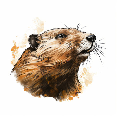 a hyperrealistic wildlife portrait of a beaver head with a charming smiley face. this inkblot-style illustration showcases intricate details and a unique blend of dark white and light orange tones. the beaver's expressive features make it a delightful and captivating character illustration. perfect for fans of rtx on and ink-washed artwork. ai generatedの素材