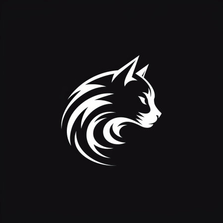 a black and white cat head logo featuring flowing silhouettes, animal intensity, soft edges, and atmospheric effects. the design is inspired by dragon art and graphic design, with a black background and contrasting shades of dark white and light white. ai generatedの素材