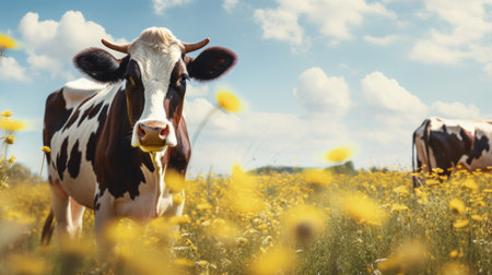 two cows, inspired by the style of joel robison, gracefully stroll through vibrant fields. the image showcases a captivating blend of dark aquamarine and yellow hues, reminiscent of the artistry of marguerite blasingame. with a resolution of 8k, every detail is brought to life, including the cows' distinctive noses. the delicate beauty of this scene is enhanced by the enchanting presence of rtx technology. aiの素材