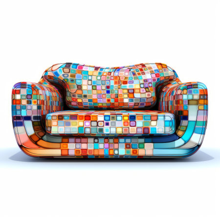 a multicolor fabric sofa resembling glass mosaics, inspired by digital illustration and consumer culture. this playfully conceptual piece showcases the influence of glazed earthenware and the artistic style of the 21st century. captured in an associated press photo, it exudes a sense of modernity and creativity, reminiscent of the technique of quadratura. ai generatedの素材