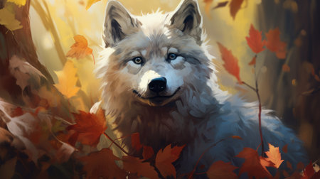 an adult wolf, depicted in a speedpainting style, is captured amidst a backdrop of lush leaves and woods. this caninecore-inspired artwork by dmitri danish showcases the wolf's detailed character expressions. the close-up view highlights the playful illustrations, with a color palette dominated by sky-blue and amber tones. ai generatedの素材