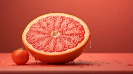 a vibrant and refreshing image featuring a grapefruit adorned with water droplets, accompanied by a juicy strawberry. this visually striking composition showcases bold saturation and innovative techniques such as vray tracing and rtx on. inspired by advertising aesthetics, the light pink and red tones create a captivating contrast. the photograph captures the essence of poetcore and offers a glimpse into the glamorous world of iconicの素材