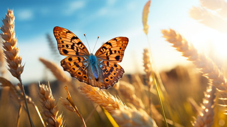 butterfly gracefully perched on a vibrant field of wheat, surrounded by a captivating blend of light orange and azure hues. this visually stunning image showcases a narrative-driven storytelling approach, with meticulous attention to detail and bold, realistic color schemes. the sky-blue and brown tones create a mesmerizing atmosphere, enhanced by the cutting-edge unreal engine 5 technology. ai generatedの素材