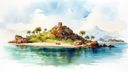 a stunning watercolor painting captures the beauty of a mediterranean-inspired island surrounded by other islands. this digital painting showcases detailed character illustrations reminiscent of renaissance art. the use of unreal engine brings a touch of realism to this uhd image, creating a visually captivating and immersive illustration. ai generatedの素材