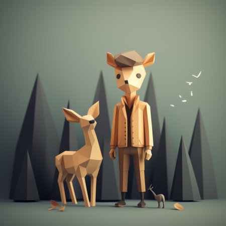 a person wearing a jacket stands beside a deer and a horse in a sketchfab-style image. the scene exudes childlike simplicity with a blend of organic and geometric shapes. the fictional landscape showcases character studies, while rusty debris adds to the charm of the overall composition. ai generatedの素材