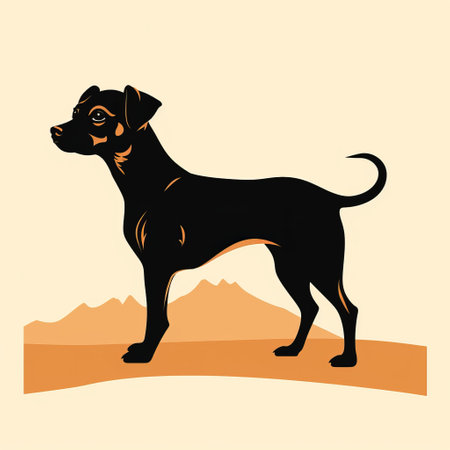a dog silhouette stands against a desert background in this vector illustration. the bold graphic design showcases a combination of light brown and black colors. the artwork draws inspiration from folk art and features woodcut-inspired graphics. this graphic illustration captures the essence of burma's artistry. ai generatedの素材