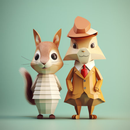 two adorable animals, a snail and a low poly character, are depicted standing side by side in this charming illustration. the animals are intricately designed with embossed paper textures and detailed costumes, showcasing a modernism-inspired portraiture style. the snail is light brown in color while the low poly character is white, creating a visually appealing contrast. ai generatedの素材