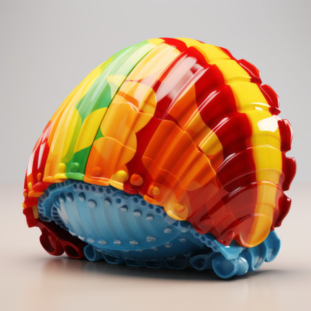 a colourful shell, created using physically based rendering techniques, showcases a vibrant array of colors. made from plastic, this shell features mechanized forms and hyperrealistic illustrations. with elements of rainbowcore and detailed rendering, this shell is a stunning example of the artistry achieved through tools like zbrush. ai generatedの素材