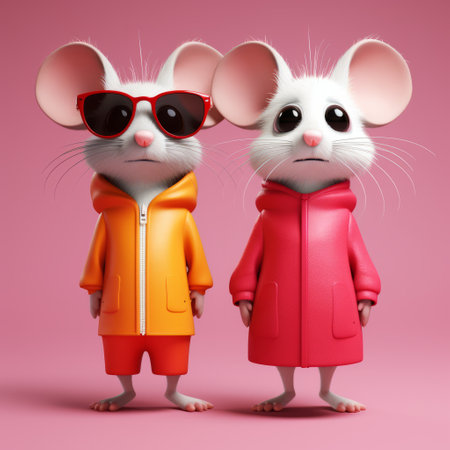 a young female mouse, dressed in a colorful coat and wearing sunglasses, poses in a minimalist style reminiscent of zbrush. the light red and white tones of the image, captured with kodak vision3, enhance the vibrant and playful atmosphere. the mouse's outfit features a combination of colorful costumes in shades of dark pink and orange, adding a touch of whimsy to the scene. ai generatedの素材