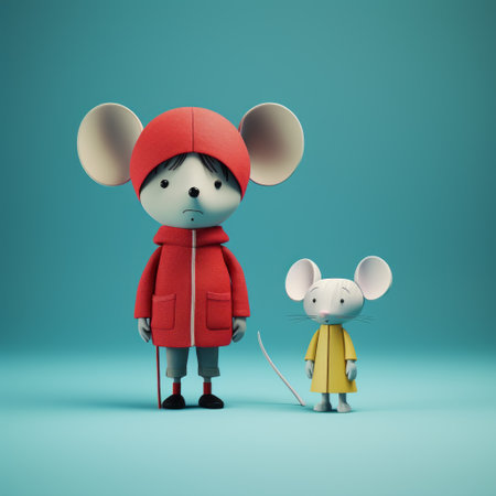 a colorful and minimalistic scene rendered in cinema4d featuring an older woman with a rabbit in a coat, accompanied by a mouse. the anime-inspired characters are made of rubber, creating lifelike figures. the vibrant red and aquamarine colors add a touch of whimsy to the gloomy atmosphere. ai generatedの素材