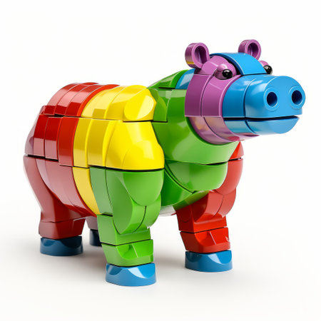 the puzzle toy features stylized animal motifs with bold chromaticity and color stripes. it is being used by a child to build the puzzle, showcasing the artistic style of stephen shortridge. the toy, inspired by the dinocore series, has a smooth and shiny finish, and its naturalistic proportions make it visually appealing. ai generatedの素材