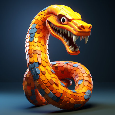 a snake sculpture 3d image featuring a captivating depiction of teeth and mouth. this artwork showcases a charming character illustration style, influenced by aztec art, with a color palette of dark orange and light azure. drawing inspiration from marvel comics and chinese iconography, the sculpture is a mesmerizing fusion of spiral group patterns and vibrant, colorful pixel-art elements. ai generatedの素材