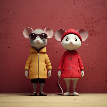 a photo of two mice, donning hats and winter coats, created using cinema4d. this modern pop culture-inspired image features a color palette of dark yellow and light red. the mice evoke a sense of childhood arcadias and are depicted in the mori kei style. the lifelike representation of the mice stands out against the matte background. ai generatedの素材