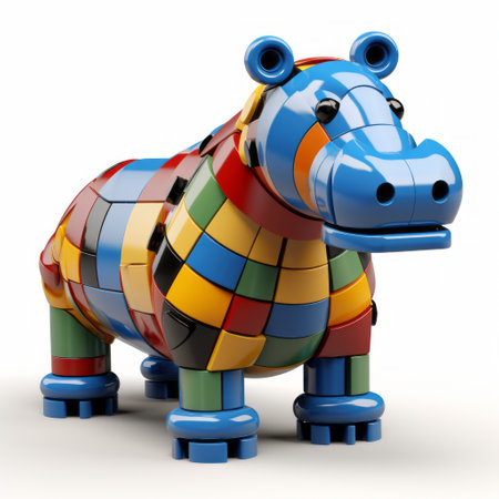 a large hippopotamus sculpture, created with colored squares, showcases a glossy finish and features bold structural designs. this unique artwork combines elements of toycore and consumer culture critique, drawing inspiration from the artistic style of jim davis and synchromism. ai generatedの素材