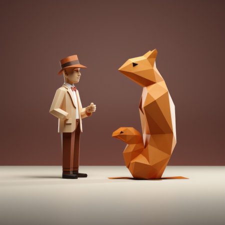 3d origami sculpture featuring an origami artist and his friend surrounded by three squirrels. the sculpture showcases a unique blend of futuristic retro style with elegant inking techniques, using a color palette of orange and beige. minimal retouching has been done to maintain the authenticity of the piece. this interactive exhibit is inspired by cryptid academia and incorporates flat shapes for a visually captivating experience.の素材