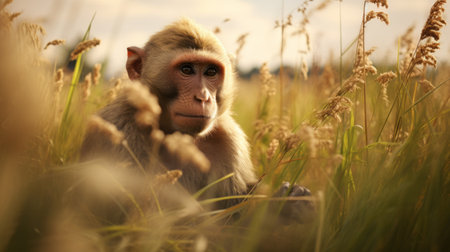 a monkey sitting in the grass, engrossed in watching it, captured in a stunning national geographic photo. the image, created in the style of unreal engine 5, showcases vibrant hues of light pink and light amber. this uhd image, reminiscent of the works of samuel van hoogstraten, charles spencelayh, and igor zenin, is a captivating display of nature's beauty. ai generatedの素材
