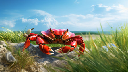 crab buried in grass, rendered in cinema4d. photo-realistic landscapes with bold use of color. sketchfab showcases the vibrant watercolors and lively seascapes. light red hues add a captivating touch to the scene. ai generatedの素材