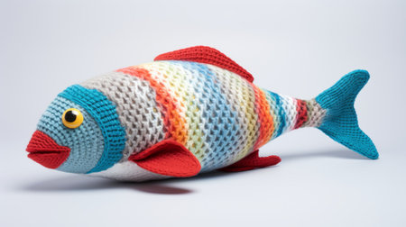 a large-scale sculpture of a knitted and crocheted toy fish with a colorful striped pattern. this realistic and detailed sculpture showcases minimalist textiles in light red and light blue. the explosive wildlife-inspired design is captured beautifully by the canon eos 5d mark iv. ai generatedの素材